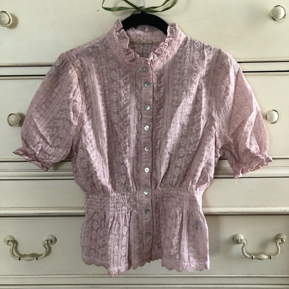 POL VICTORIAN PEPLUM BLUSH RUFFLE HEM LACE TOP - Picture 3 of 8